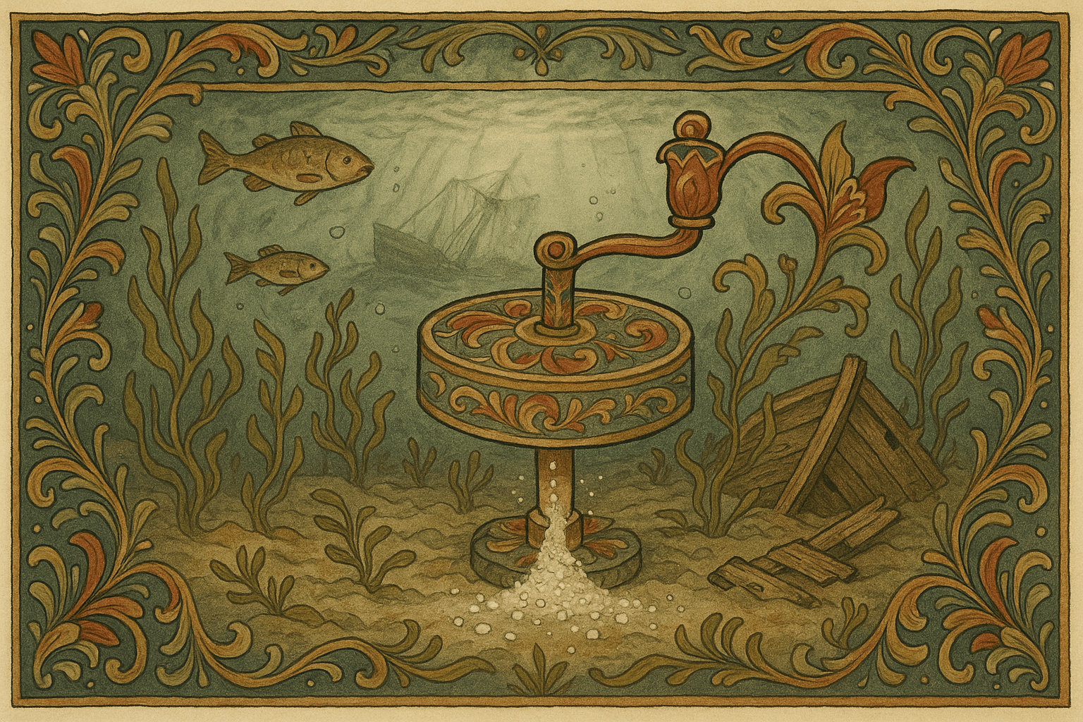 Håndkverna står på havsens bunn blant tare og et sunket skip og maler hvitt salt som sprer seg i vannet.