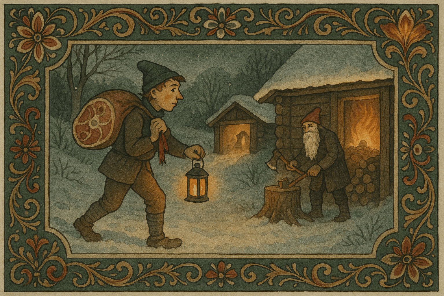 En fattig mann går langs en snødekt vei med en fleskeskinke, og en gammel mann med langt hvitt skjegg hugger ved ved et lyst vedskjul.