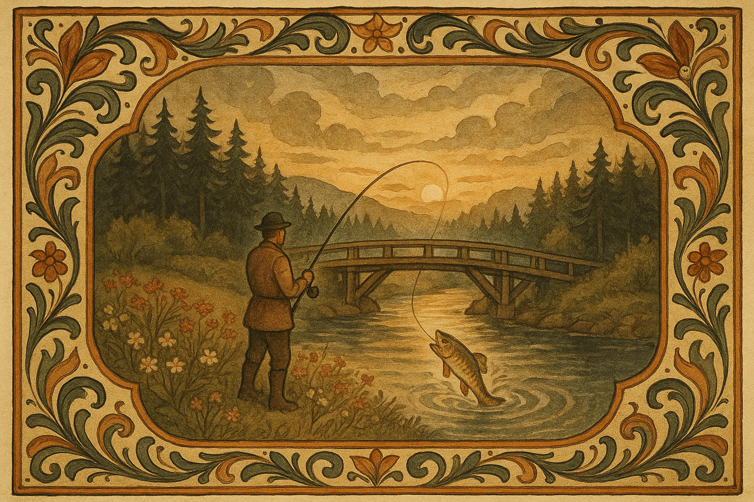 En fisker ved Akerselven i sen ettermiddag, med en gyllen ørret i snøret, bro og blomsterenger i bakgrunnen.