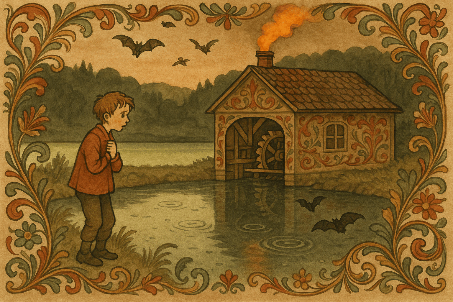 Kveld ved Brekke-sagen med sagdammen i halvmørke, en gutt på bredden og ringer i vannet fra flaggermus og insekter.