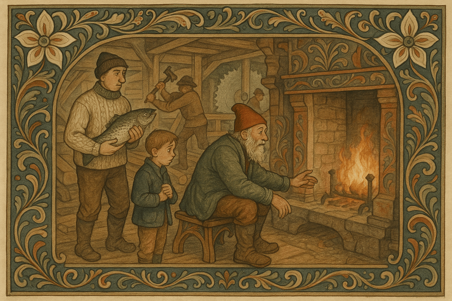 En gammel gråskjegget sagarbeider med rød lue ved skorsteinen, fiskeren og en engstelig gutt ved ilden, mens arbeidere sager og tømmer ruller i bakgrunnen.