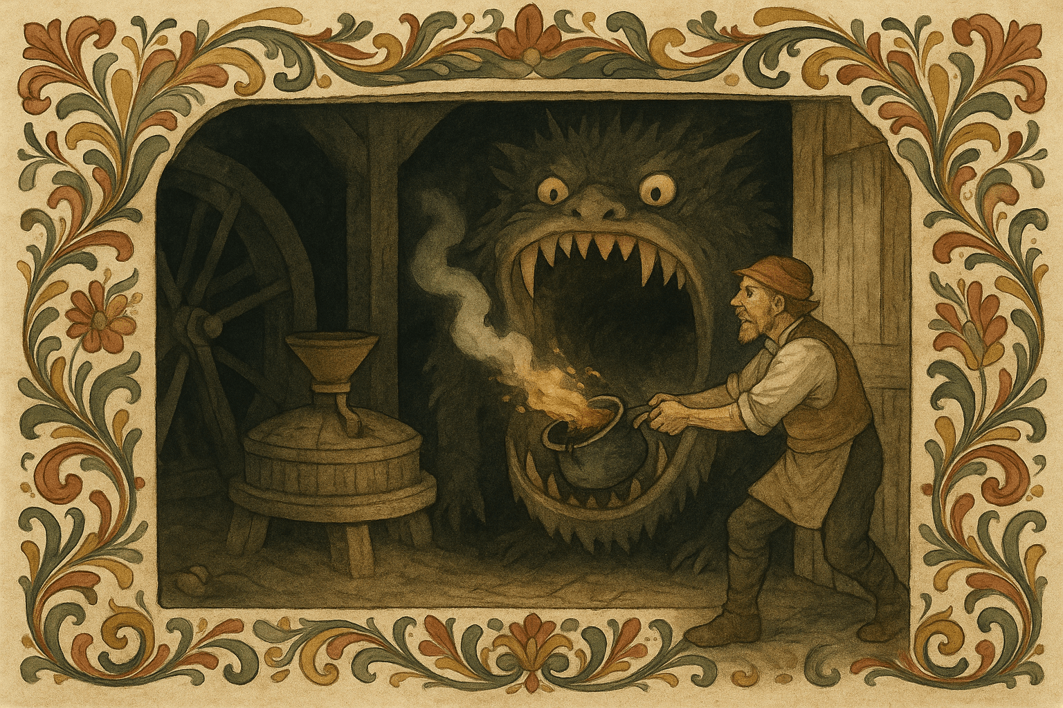 En stor kvernknurr i døråpningen til kverna med gapet vidt, mens en mann kaster en gryte med kokende bek og tjære i gapet.