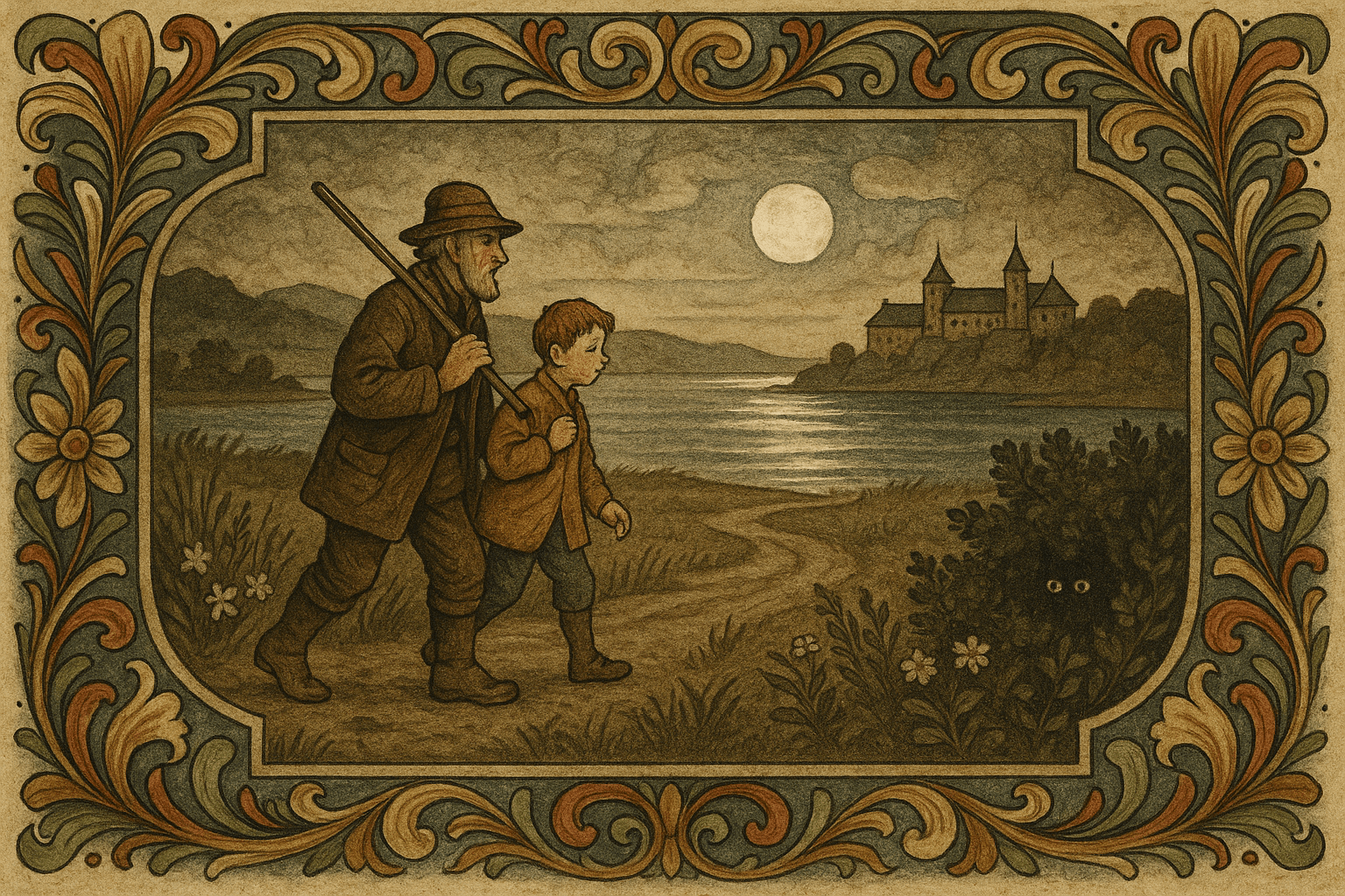 Fiskeren og en redd gutt går hjem under måneskinn, med Akershus som mørk silhuett over fjorden og myrdunst rundt dem.