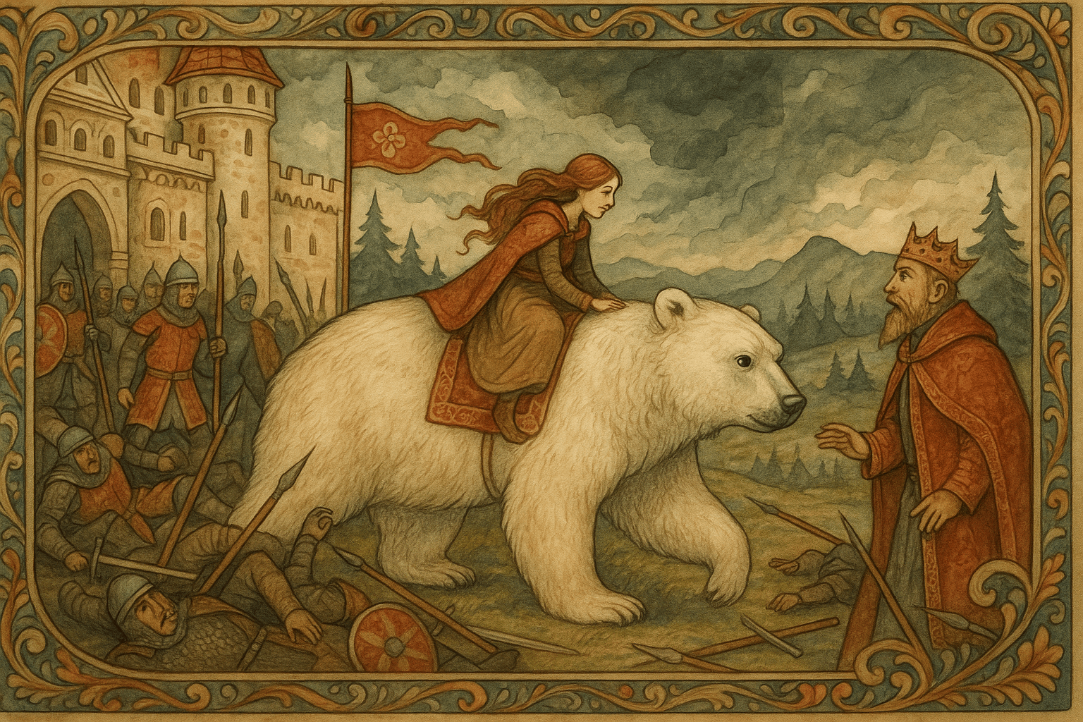 Den hvite bjørnen slår ned kongens krigsmakt foran slottet, mens den tredje datteren settes på bjørnens rygg og begynner å reise bort. Stemningen er dramatisk og truende.