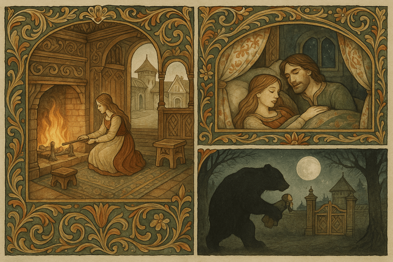 I et praktfullt slott ved ildstedet holder prinsessen hus om dagen, mens om natten er bjørnen en mann ved hennes side; i skyggen tas et nyfødt barn bort av bjørnen. Billedet viser både trygg varme og hemmelig sørgmodighet.