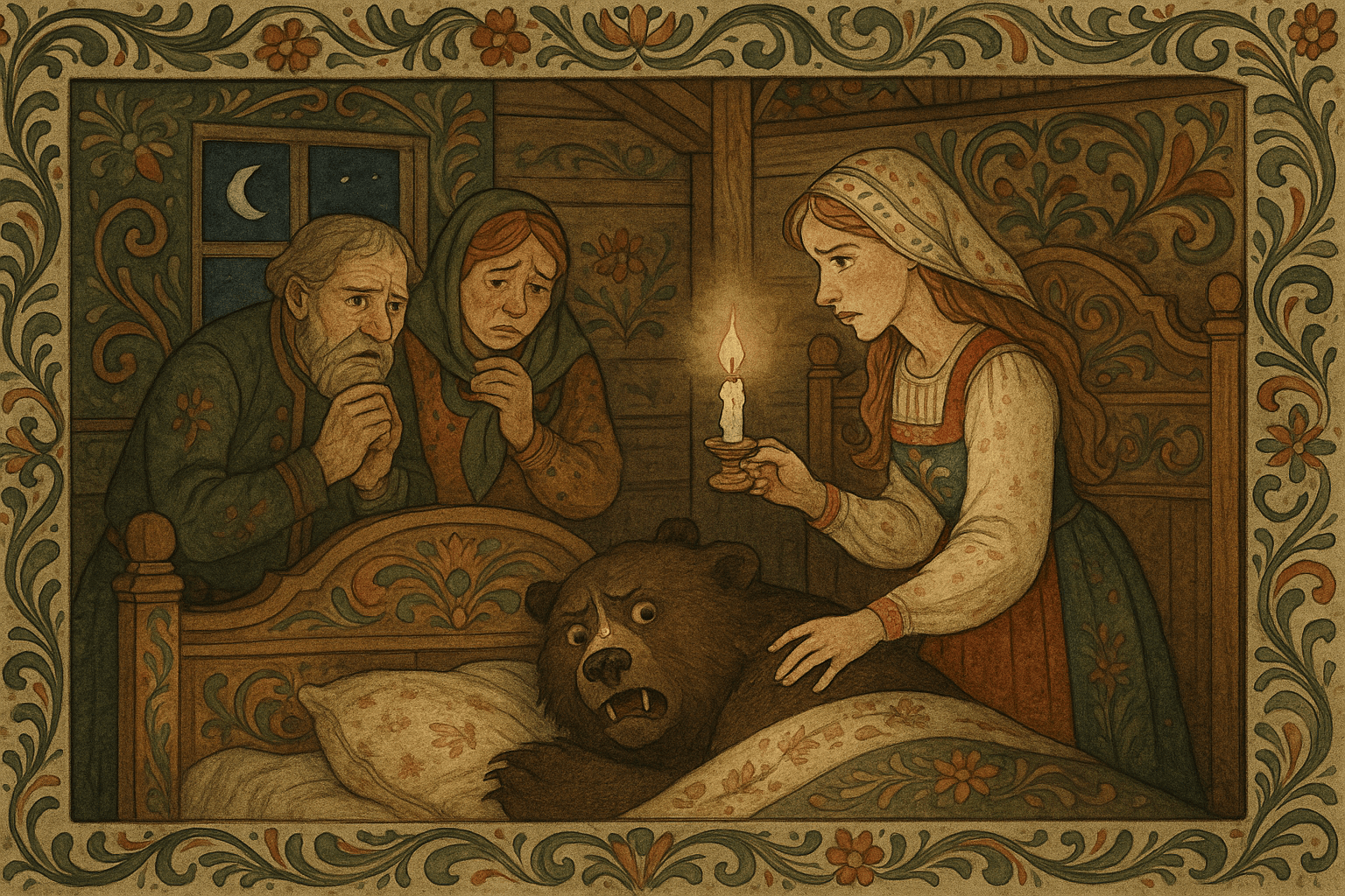 I et nattlig kammers lyser prinsessen med et lys over den sovende kvitebjørnen; en talgdråpe vekker ham og han våkner med fortvilelse. Scenen viser øyeblikket da fortryllelsen blir brutt.