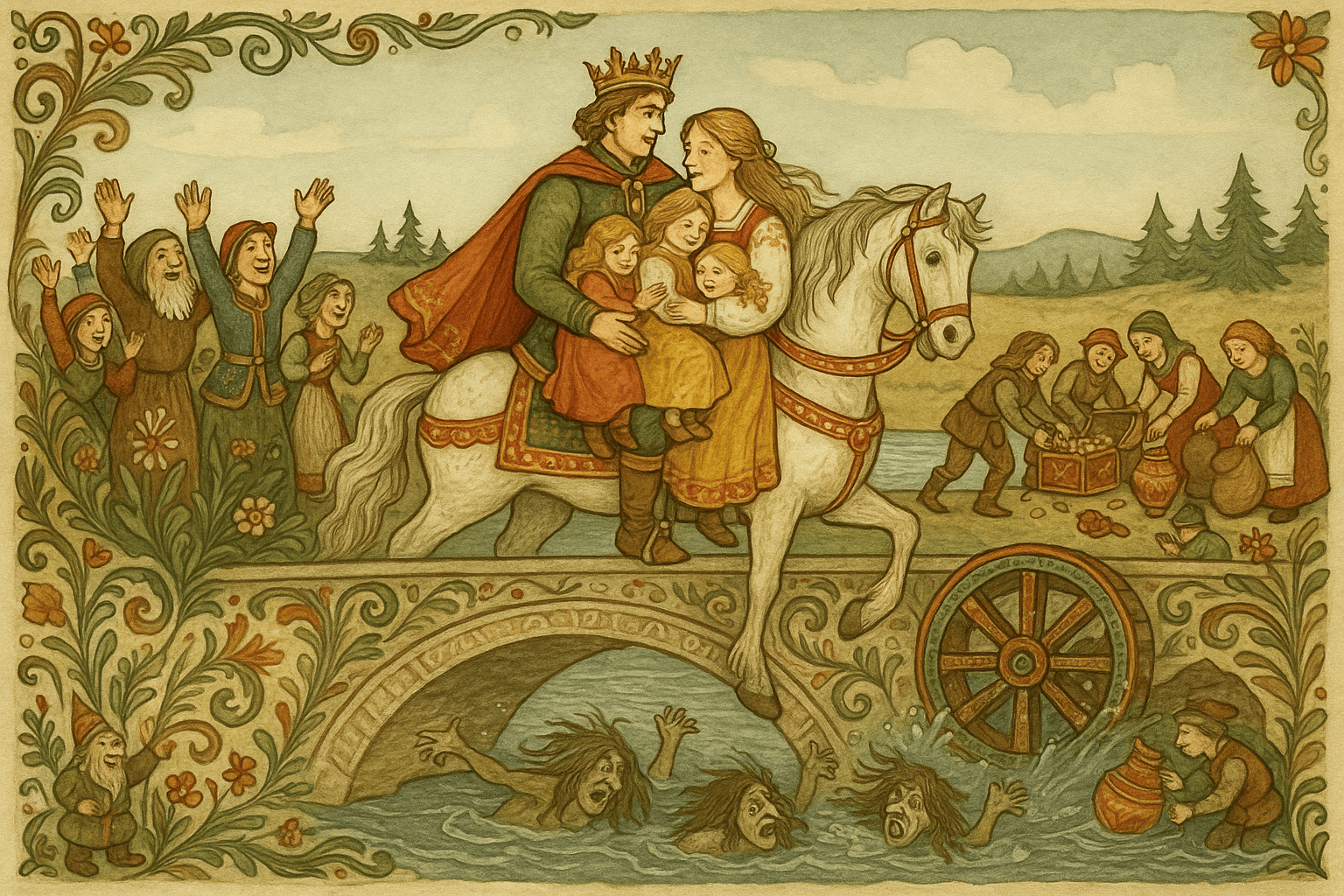 Kong Valemon og prinsessen vender tilbake fra bryllupet med de tre små jentene; trollkjerringene blir kastet i elva fra broen mens folket jubler. Billedet fanger glede og gjenforening etter fortryllelsen.