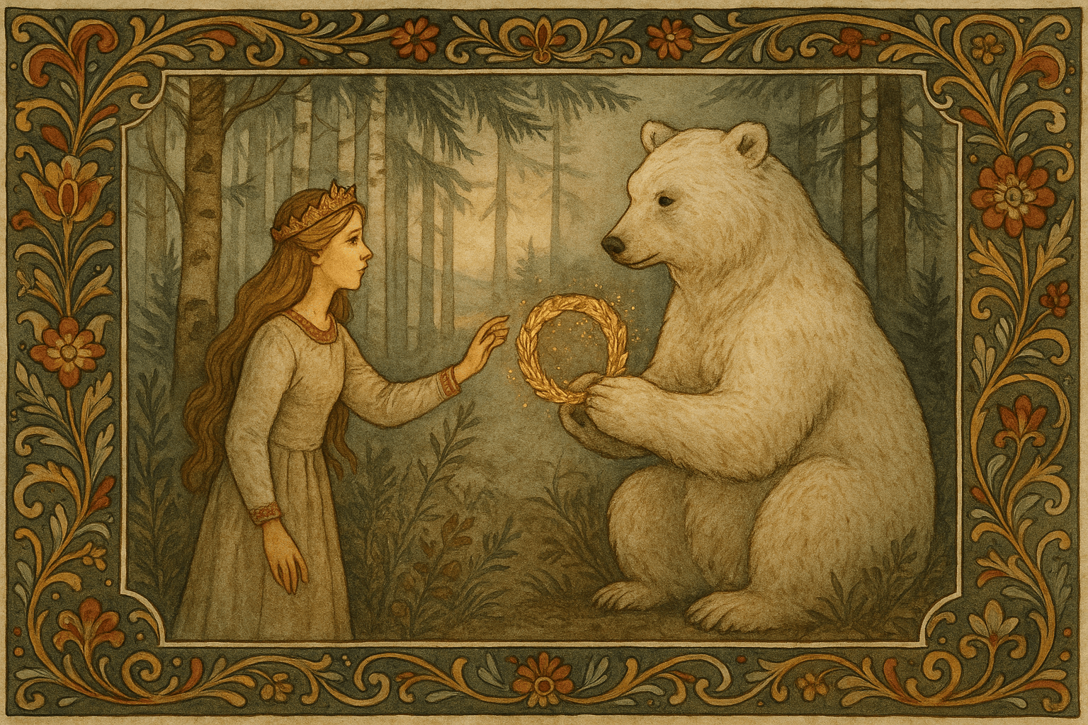 En kongedatter i en disig norsk skog rekker mot en hvit bjørn som holder en gullkrans mellom labbene. Billedet viser hennes lengsel og bjørnens rolige nærvær.