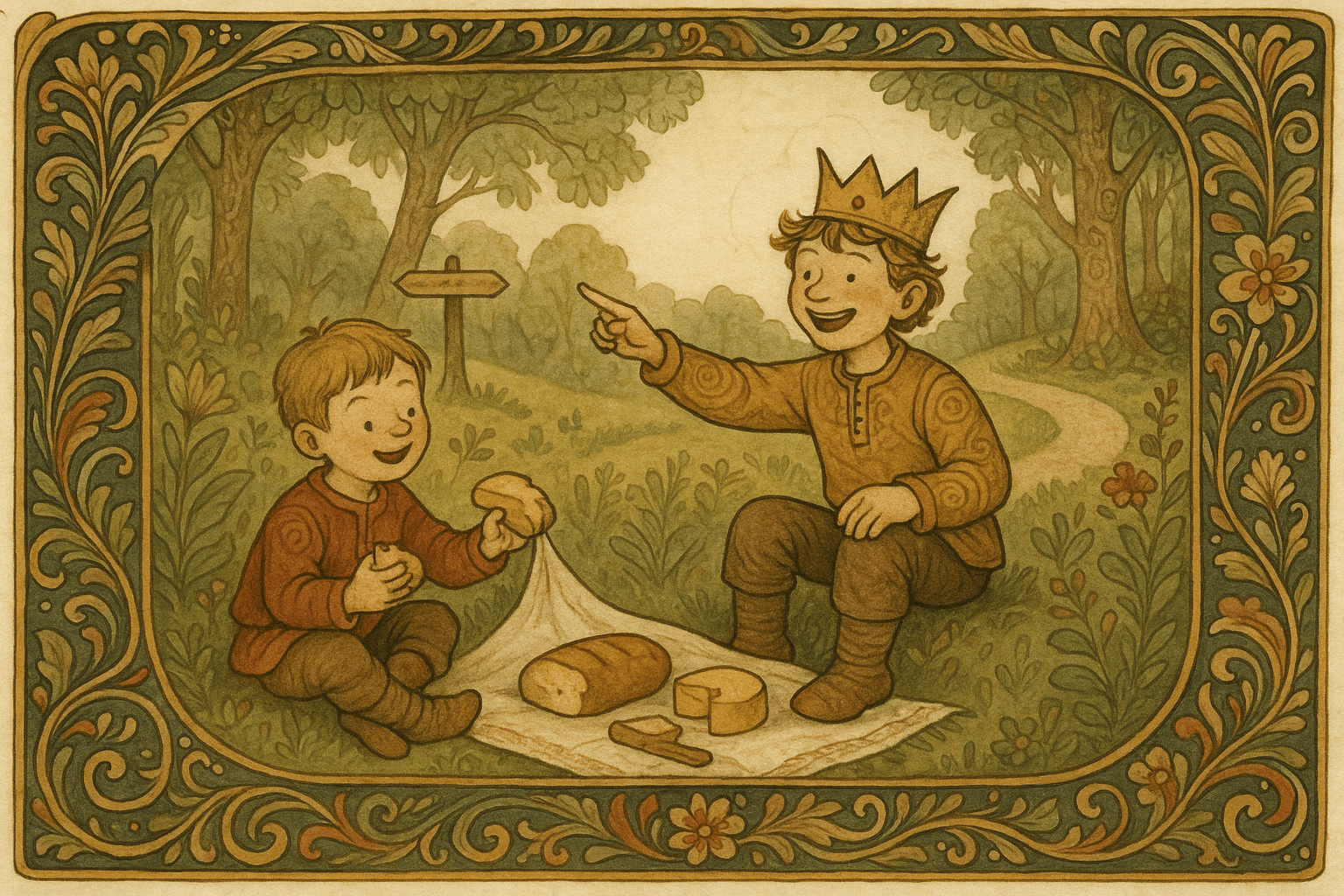 To gutter ved en grønn bekk deler niste og døper hverandre til Lillekort og kong Lavring. Et veikryss og stier i skogen vises i bakgrunnen.