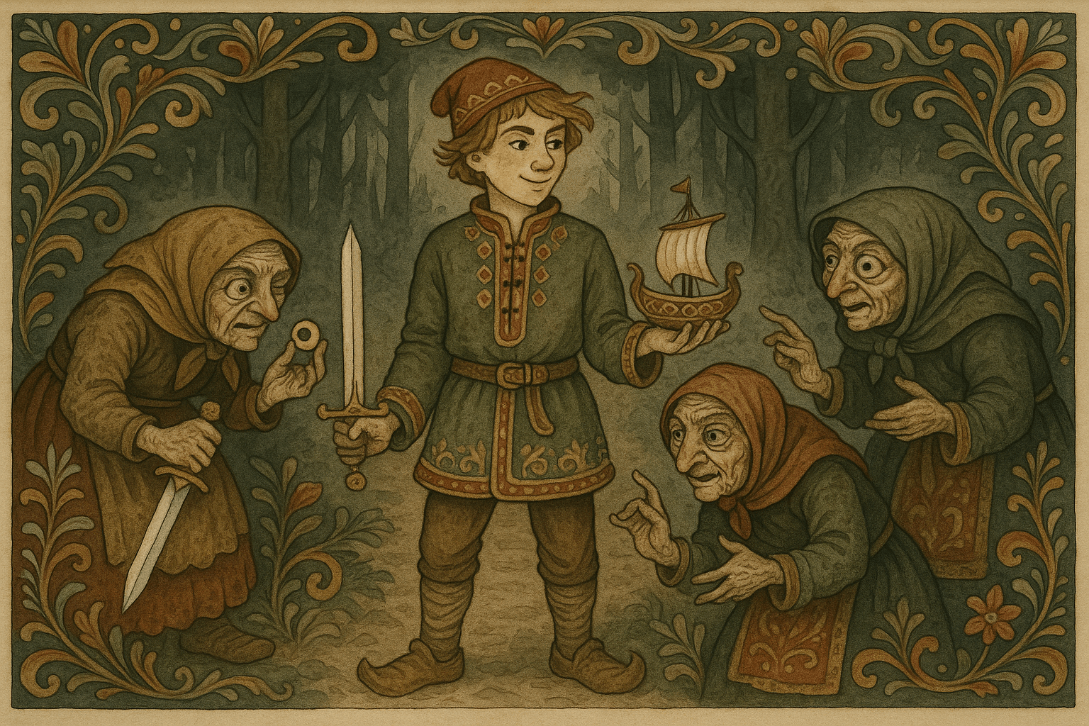 Tre korte møter med enøyde kjerringer langs en skogssti: første gir et sverd, andre et lite skip, tredje gir kunnskap om brygging. Lillekort mottar magiske gaver.