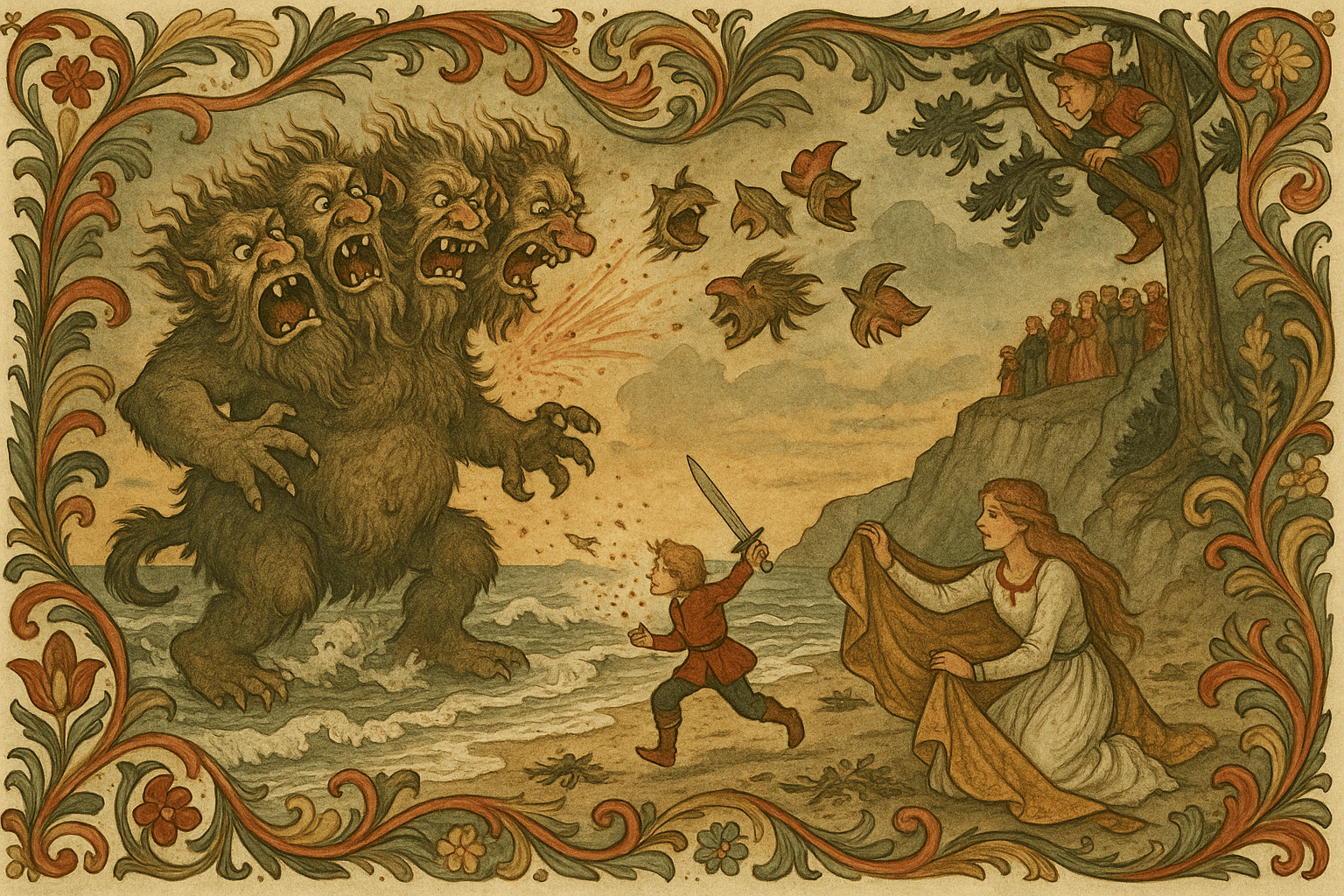 En femhodet troll angriper på stranden, prinsessen sitter redd, og Lillekort hugger med sverdet mens Ridder Rød gjemmer seg i et tre. Trollets hoder flyr over sanden og prinsessen kler Lillekort i gull.