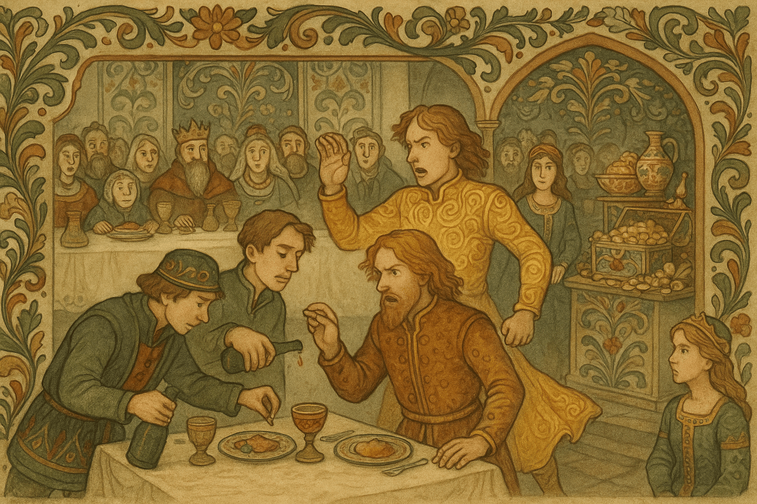 I bankettsalen skjenker Lillekort vinen; Ridder Rød slår ham og klær faller av, til Lillekort står i en strålende gullkledning. Hoffet er forbløffet over avsløringen.