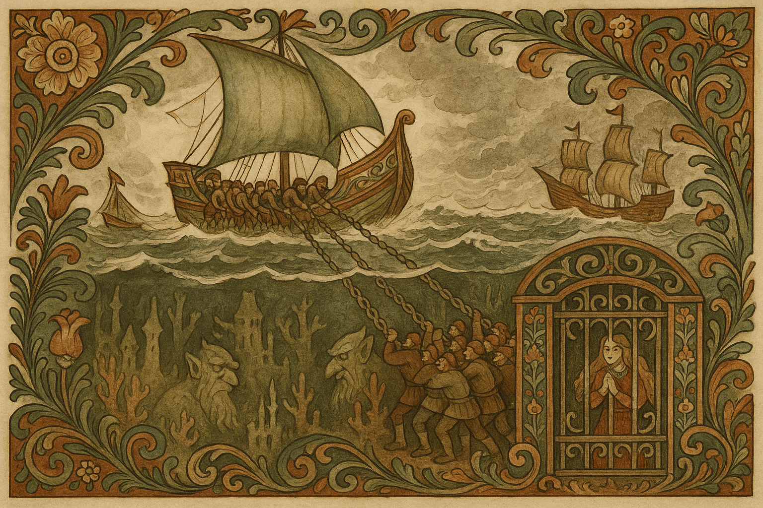 Skipet vokser og seiler mot det undersjøiske trollriket; femhundre menn drar en lang jernkjetting mens korallpalasser skimtes under vann. Lillekort går til redning av den andre kongsdatteren.