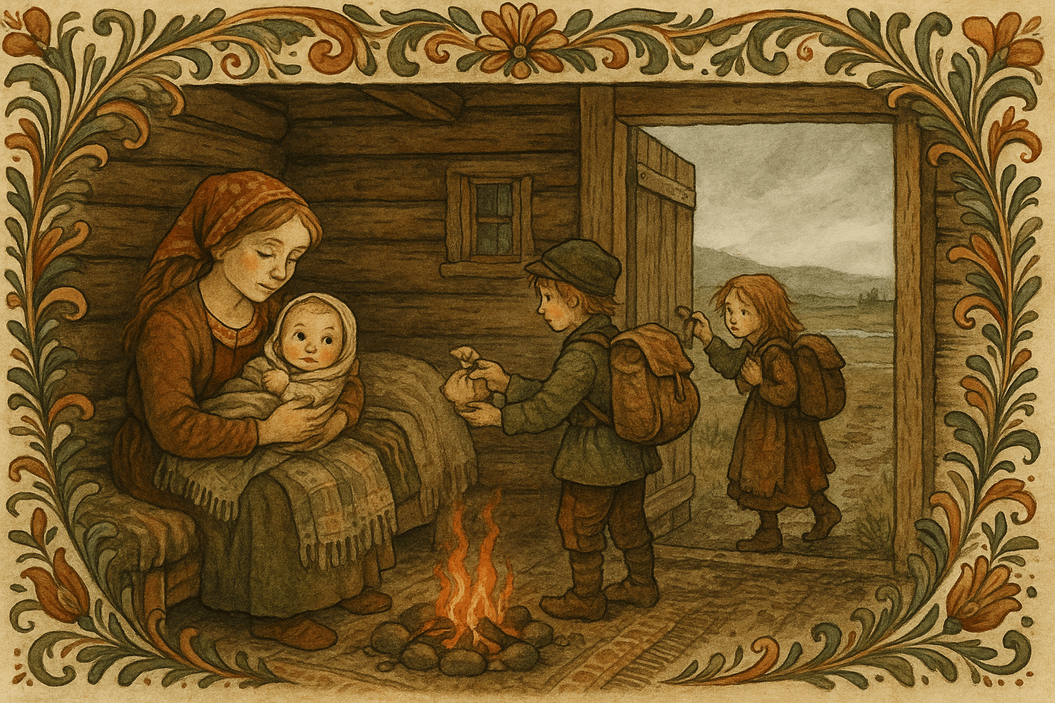 Et mørkt tømmerhus med en kvinne som holder en nyfødt, og to små barn som får niste og går ut av døra. Bildet viser fattigdom og starten på tvillingenes reise.