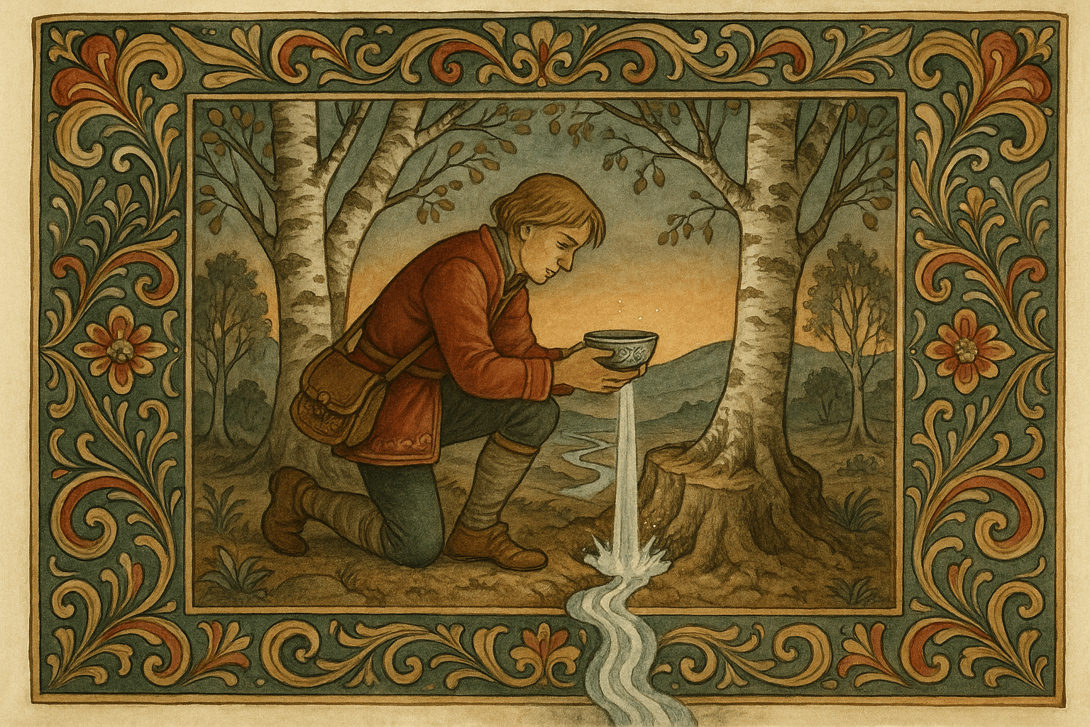 Nils Lundesen setter en innskrevet sølvskål i et hull ved den største bjørkestubben og mumler ord mens vann spruter opp. Det er kveld og landskapet er tørt etter langvarig tørke.