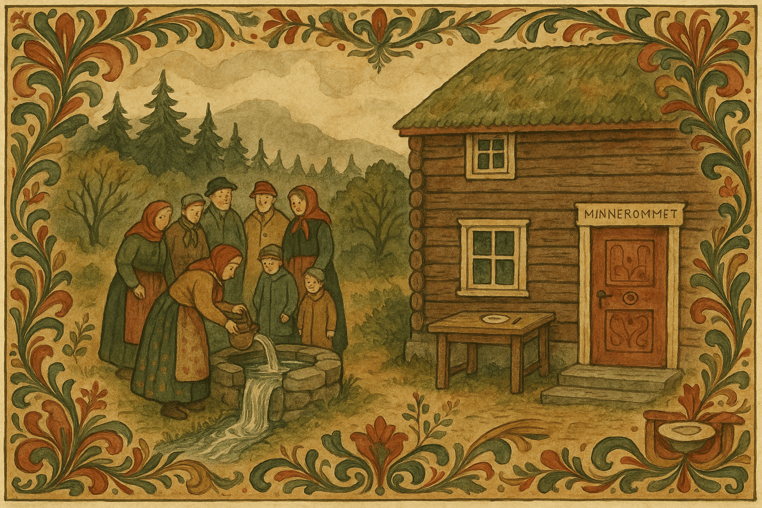 Moderne Lundegården med folk som drikker av den klare Lundekilda, mens gården ser vanlig ut. Døren til minnerommet er lukket og et ekstra dekket julebord står inne i huset.