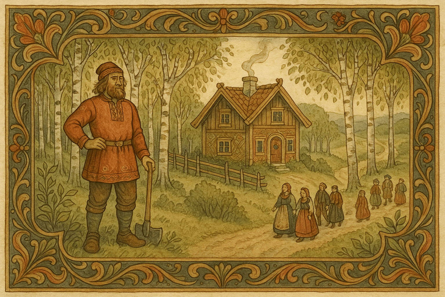 Ola Lundebygger foran den nye gården i en frodig bjørkelund mens bygdefolk kommer for å se. Røyk stiger fra peisen og bjørkebladene blafrer i vinden.