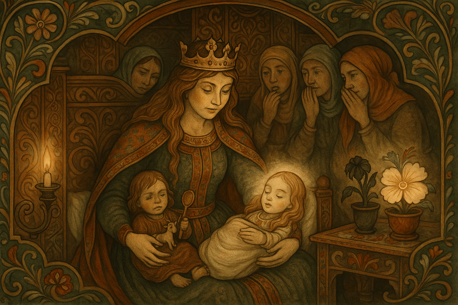 I en varm fødestue holder dronningen to nyfødte jenter; den ene er stygg med en sleiv og en bukkelignende leke, den andre er strålende vakker.