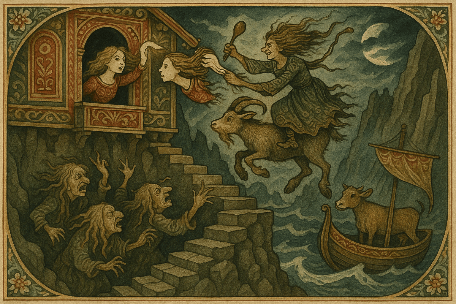 Lurvehette rir på bukken ved et trollkjerringslott om natten, svinger sleiva og griper søsterens hode fra vinduskarmen mens trollkjerringerlette rundt.