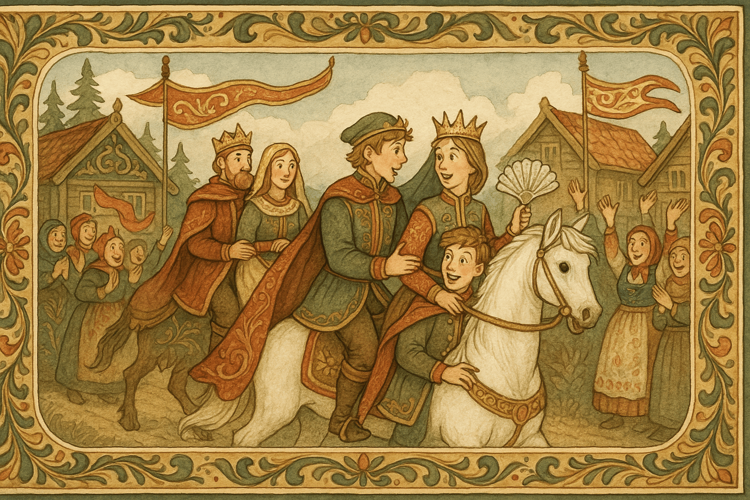 Bryllupskortege med kongen og hans vakre dronning, og Lurvehette som får bukken, sleiva og hette forvandlet til hest, sølvvifte og gullkrone foran en forbauset prins.