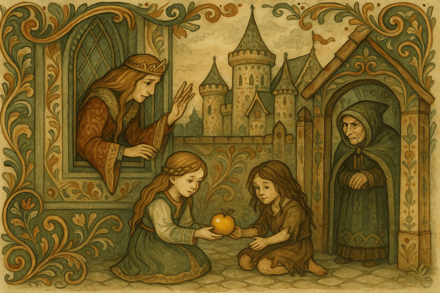 Dronningen ser ut av et høyt slottsvindu på to jenter som leker med et gulleple på gårdsplassen; den ene er velkledd, den andre er fattig og barføtt.