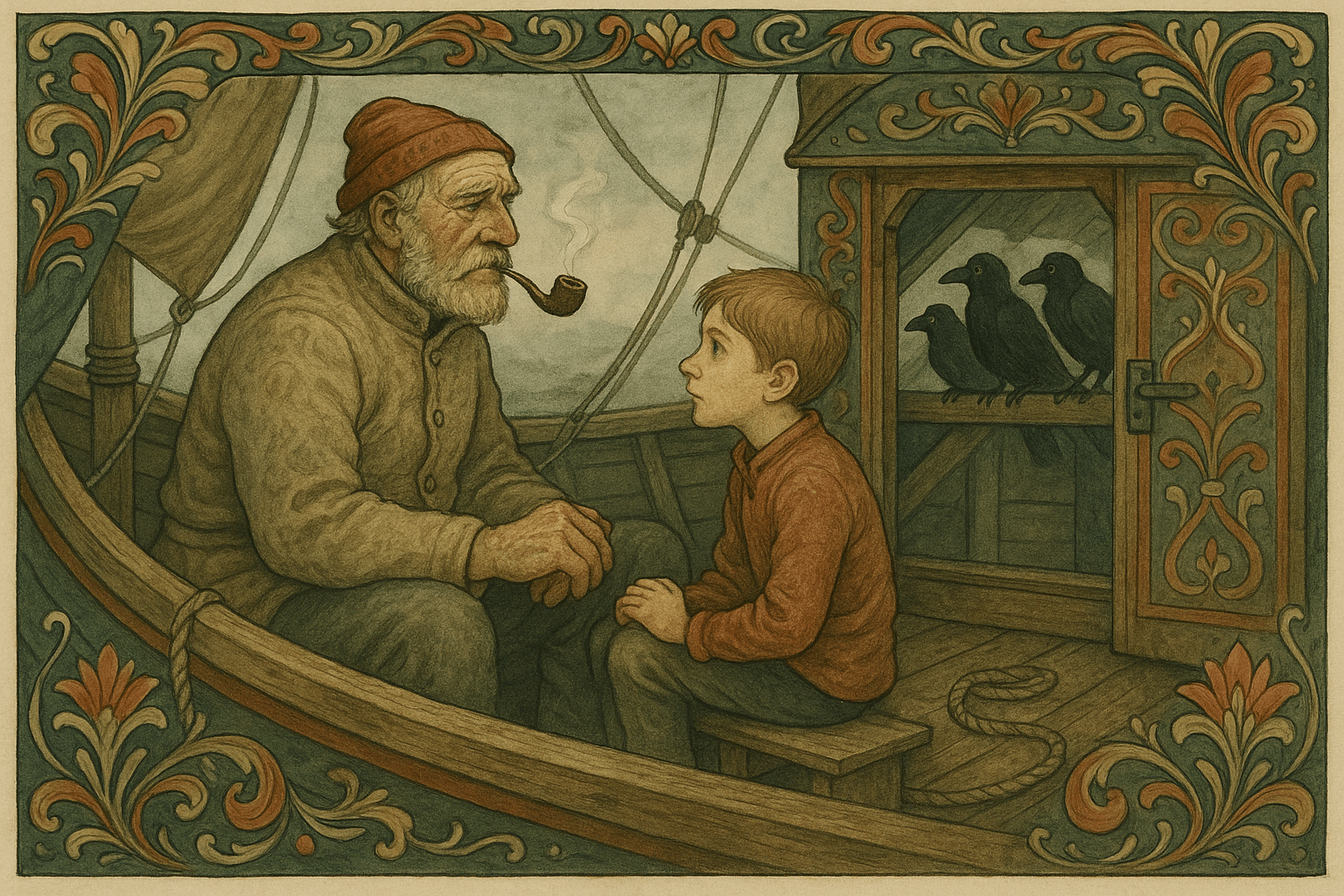 Rasmus Olsen ved roret i kalmukks kofte forteller en historie, mens en gutt ser på; gjennom en sprekk skimtes tre svarte ravner.