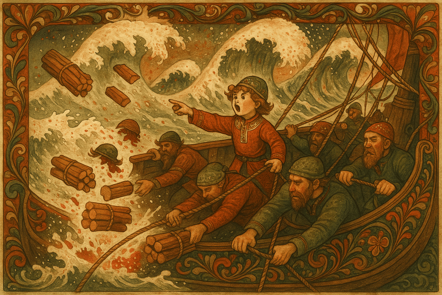 En voldsom storm og tre brottsjøer slår mot skipet mens gutten kommenderer mannskapet til å kaste bjørkeved tre for tre over bord.