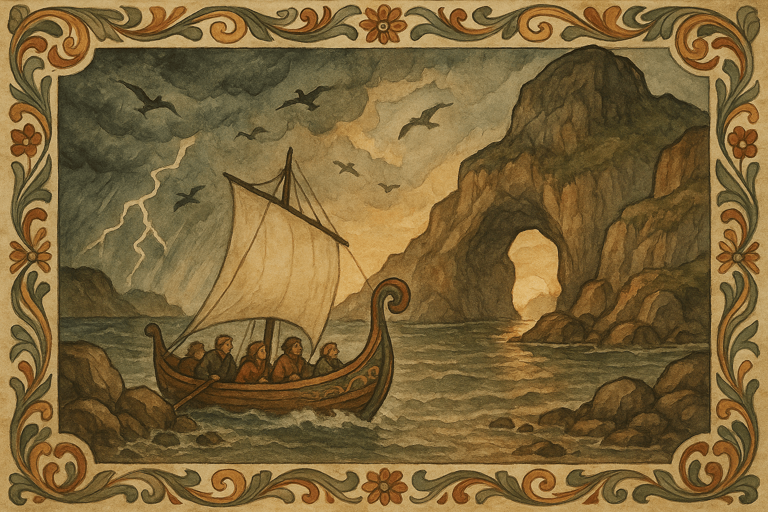 Båten stevner inn gjennom et smalt sund ved Ullerhodet mot en trygg havn, med bergvegger og lettet mannskap.