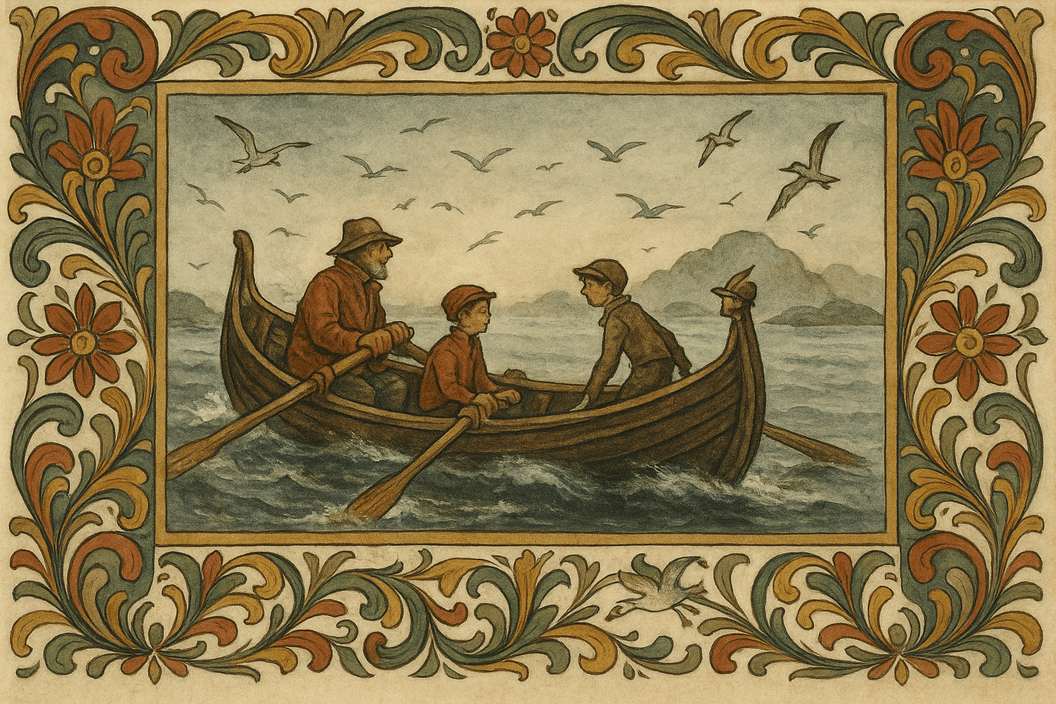 En hvalerbåt glir ut i grå morgen over skjær i tåke, tre menn ombord for å dorge makrell, med måker og terner i luften.