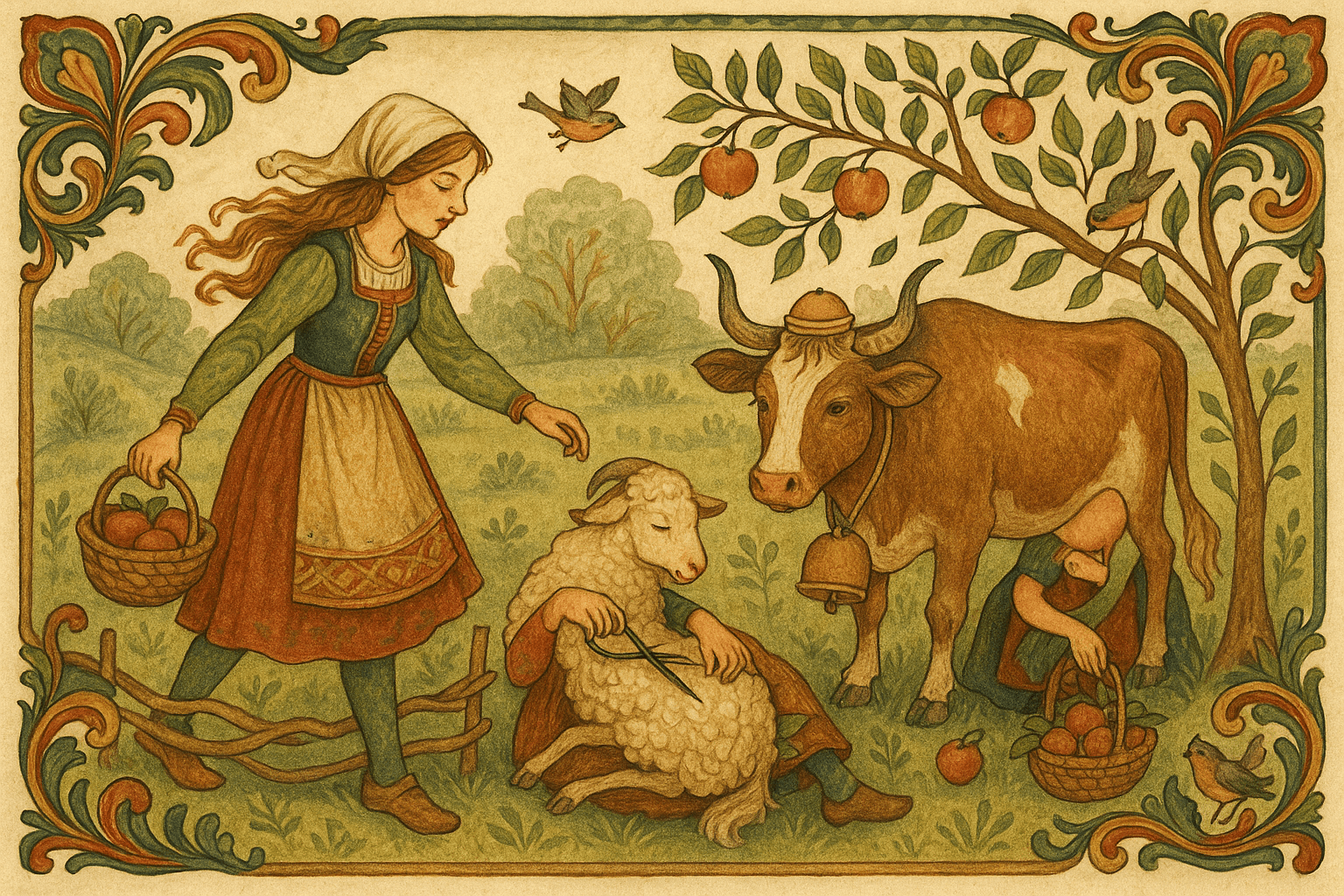 Manndatteren på en grønn eng trår forsiktig over et risgjerde, melker en ku, klipper ull av en saubukk og plukker epler mens småfugler ser til.