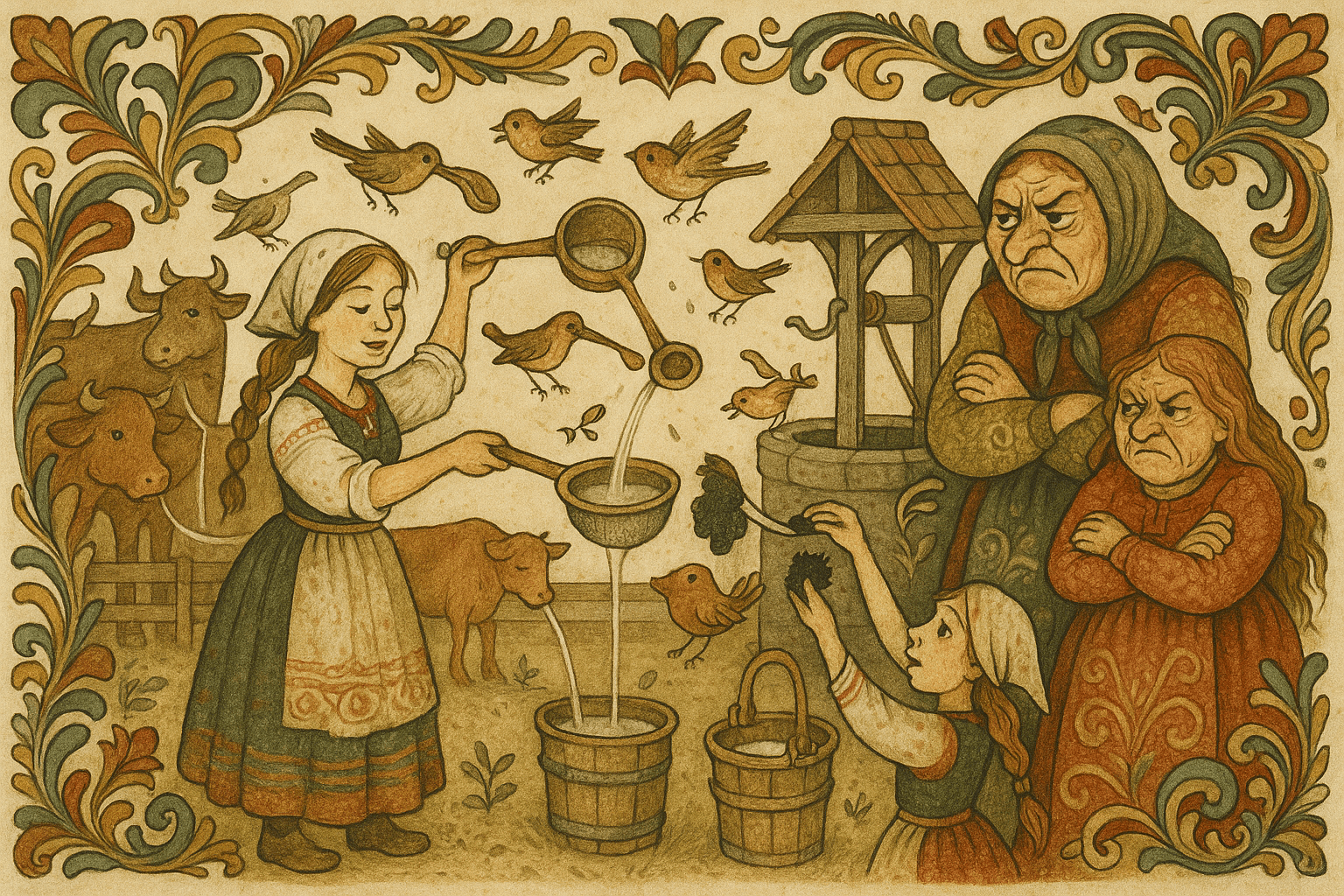 Manndatteren utfører oppgaver hos trollkjerringa ved hjelp av småfugler: bærer vann i et såld, renser fjøset, melker rolige kuer og vasker ull til hvitt.