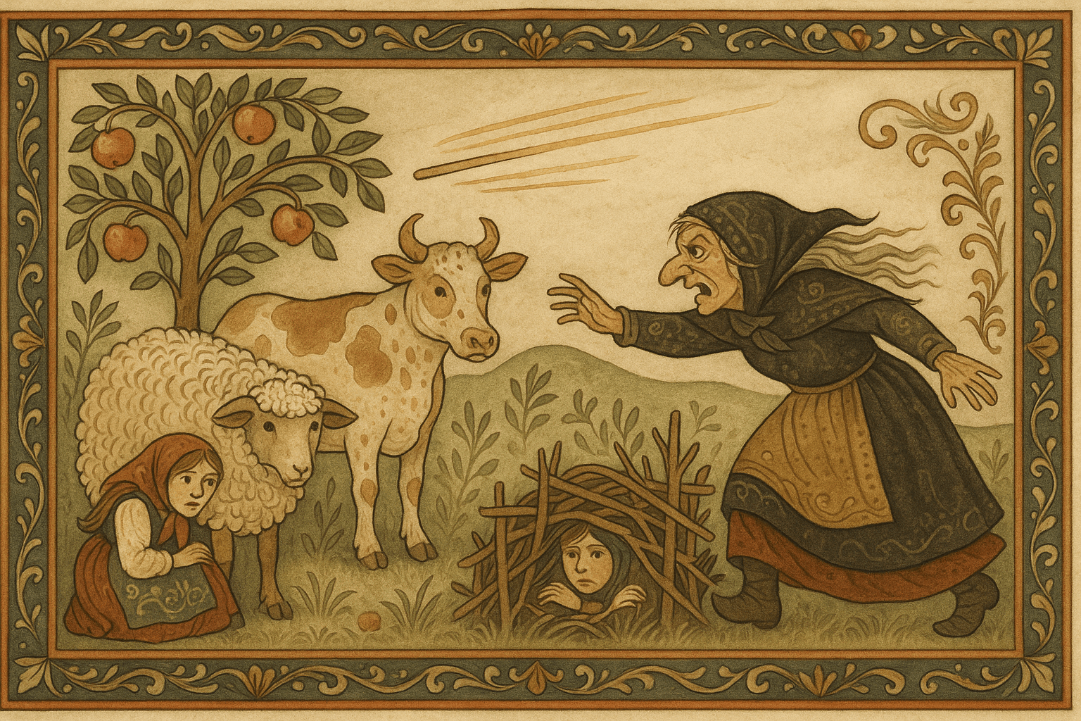 Manndatteren gjemmer seg under epletrærnes greiner mens trollkjerringa kaster en glødende jernstang; bukken, kua og risgjerdet står som beskyttere.