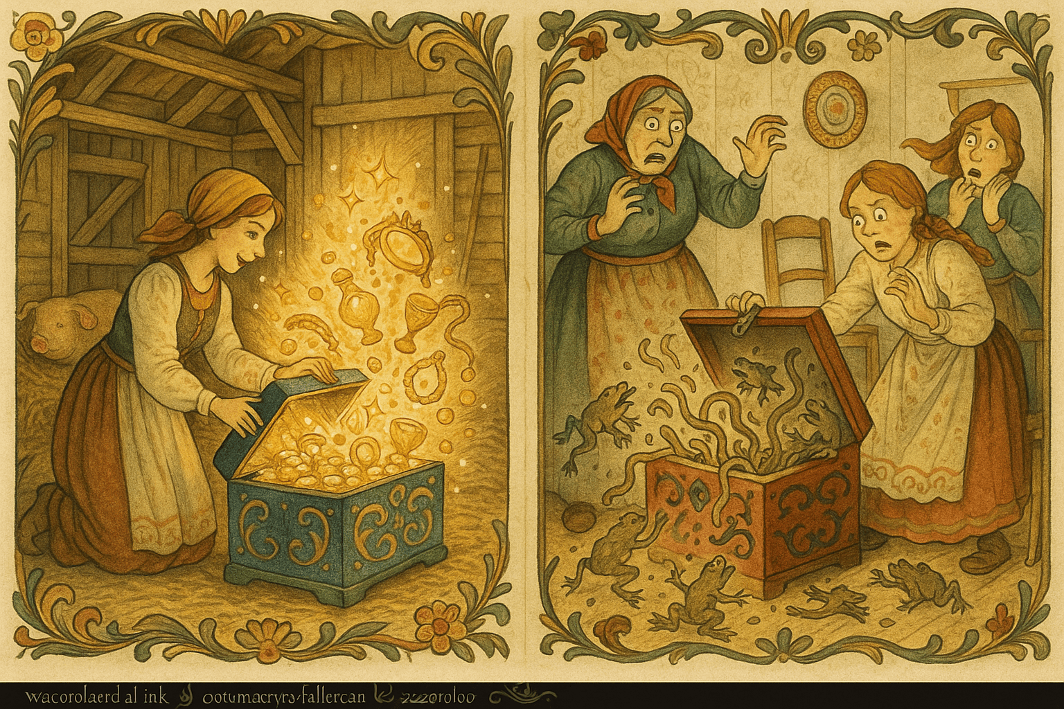 Til venstre åpner manndatteren et blått skrin og gull og sølv fyller grisehuset; til høyre åpner kjerringdatteren et rødt skrin og ormer og padder strømmer ut i stuen.