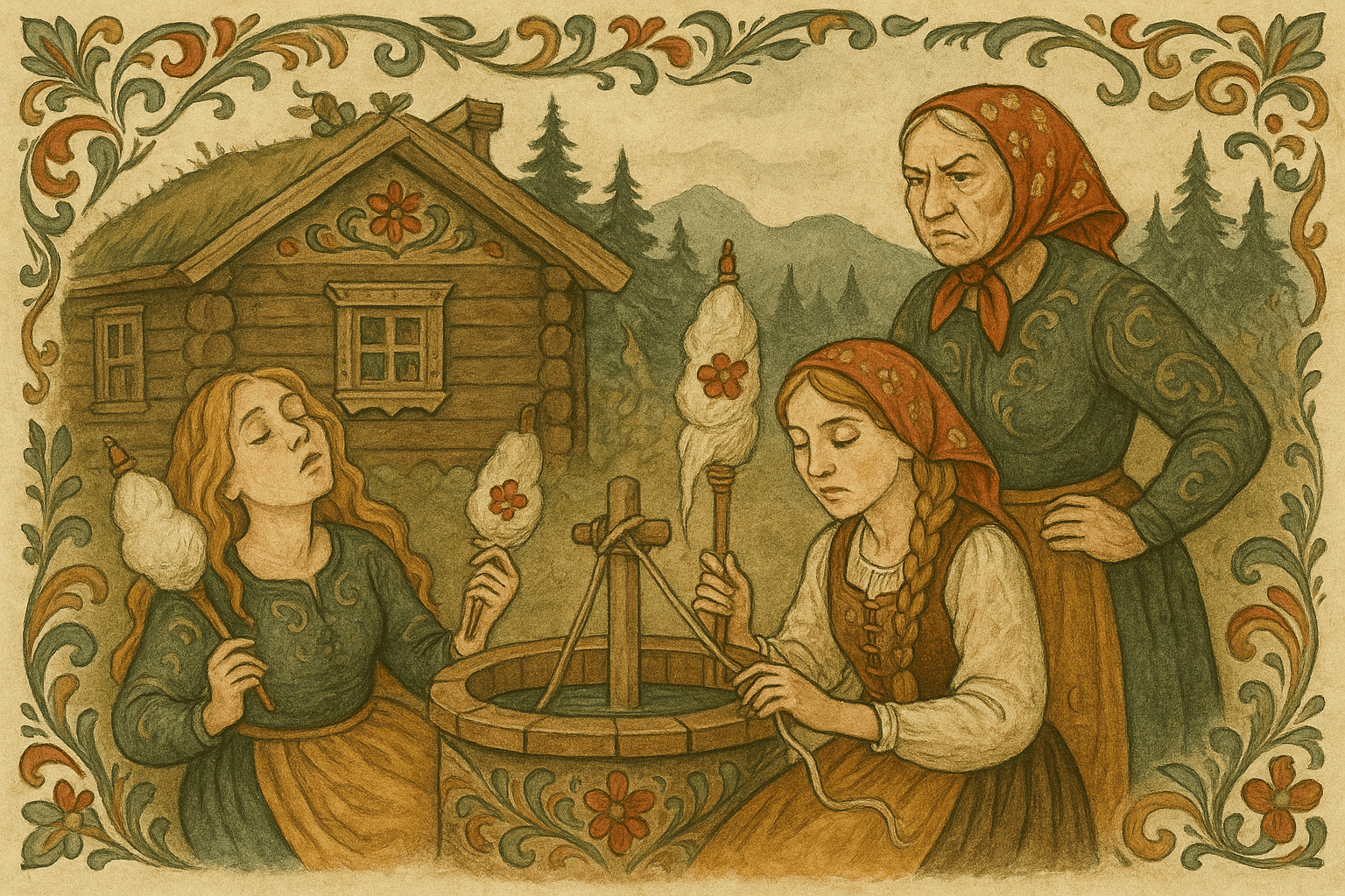 To stesøstre spinner ved en trebrønn utenfor et lite norsk hus; den ene lat og hånlig, den andre flittig, mens stemoren ser på med et strengt blikk.