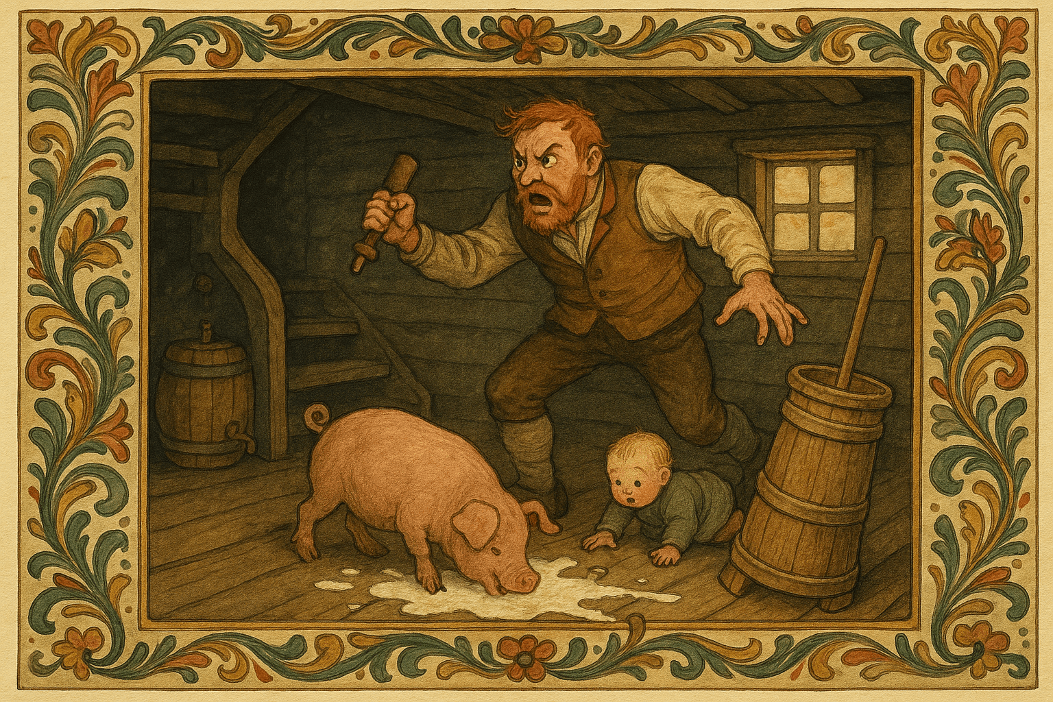 Gris smatter i sølete fløte ved en veltet smørkjerne mens mannen stormer opp fra kjelleren med tappen i hånden. Et øltønne ligger ubevokt på trappen og et lite barn kravler nær kjernen.