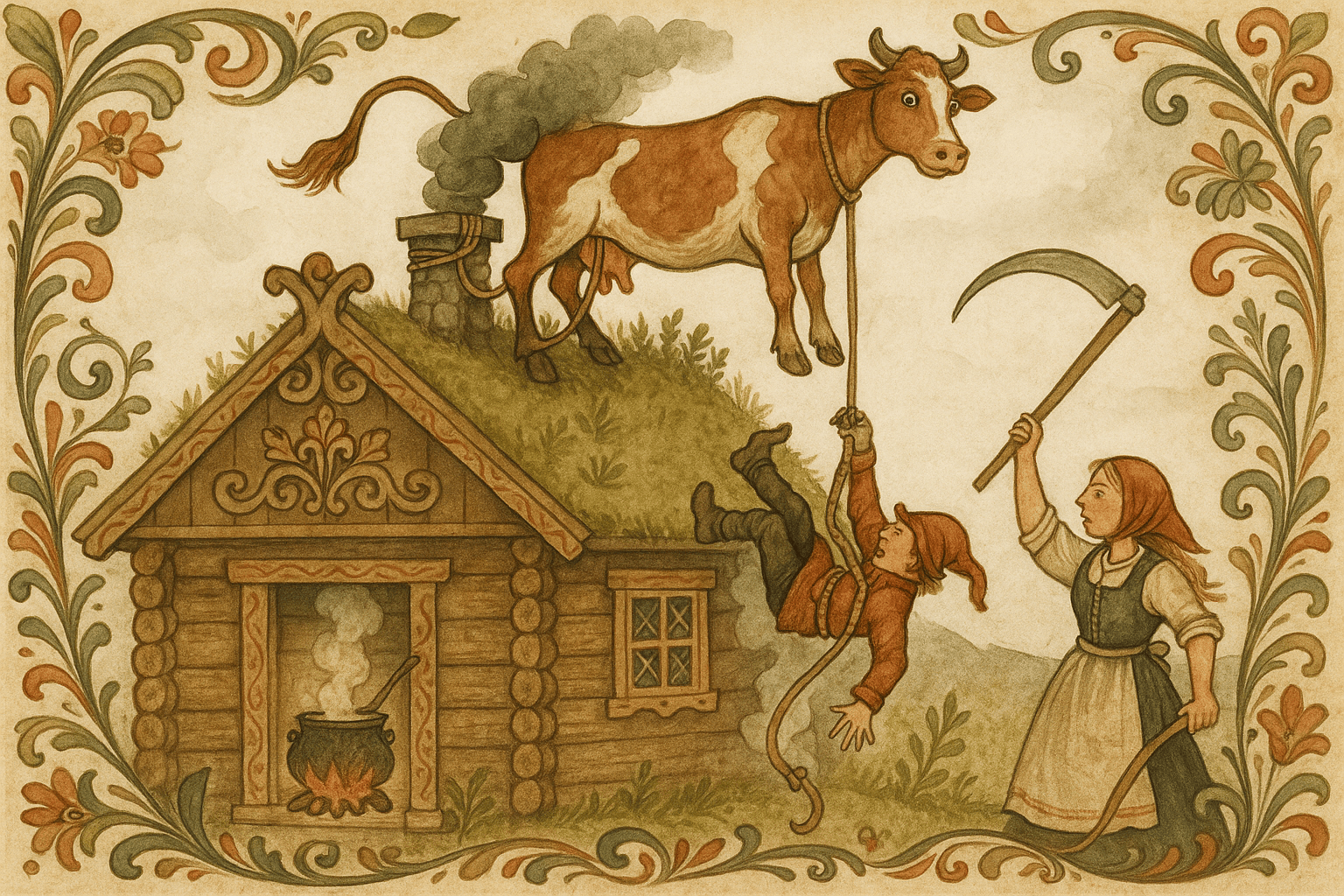 En ku henger utenfor taket og en mann sitter fast i pipa med hodet ned i gryten mens kona løfter ljåen for å kutte tauet. Scenen viser et komisk sammenbrudd med grautgryten og torvtaket i fokus.