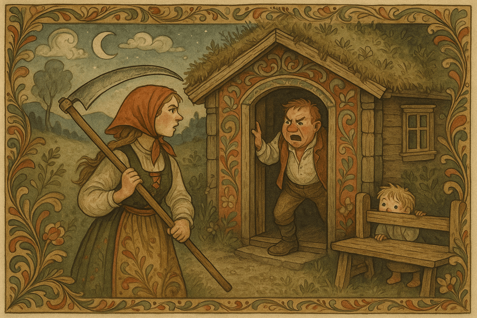 En kone med ljå står ved et torvtakshus klar for slåttonna mens en sint mann står i døren og et lite barn kikker fram. Bildet viser en norsk gårdsplass og huslig uro før de bytter oppgaver.