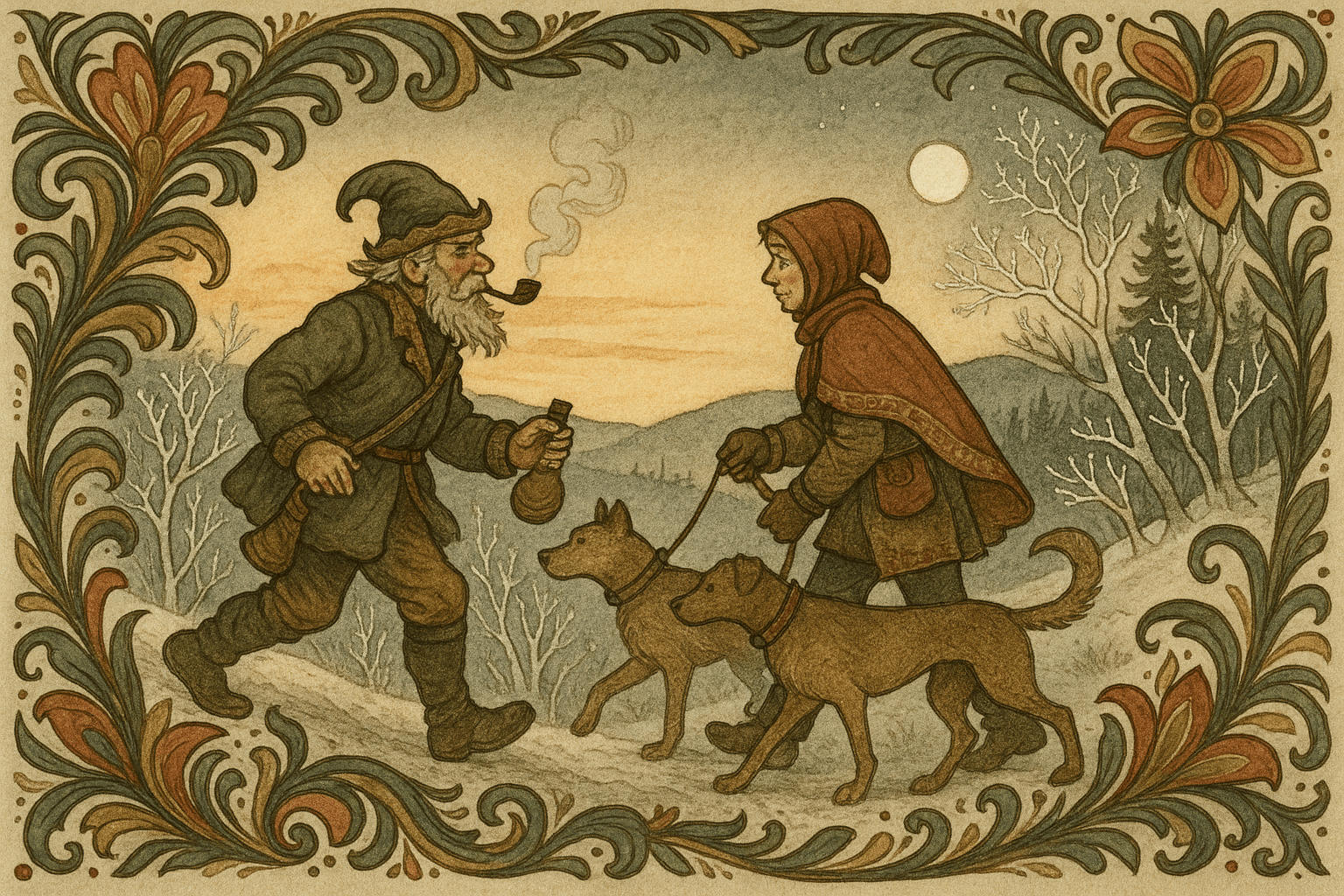 Matthias og fortelleren går over åsen i frostkveldet; trærne glitrer av rim og månen stiger.