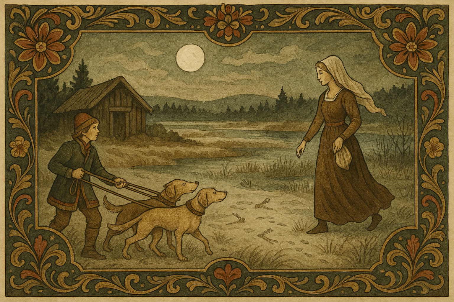 Forlatt seter ved Askvangen om natten, hundene uroer seg mens en huldralignende kvinne går over ei myrpytte i måneskinn.