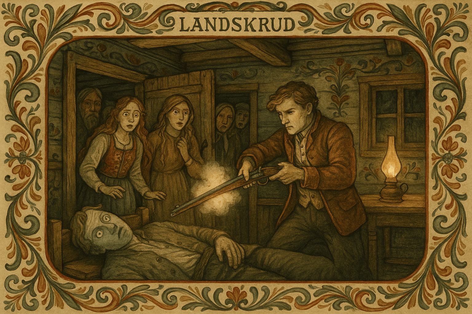 I stuen på Laskerud ligger en blåfrossen mann på benken mens Matthias skyter langs ham; søstrene ser forskrekket på.