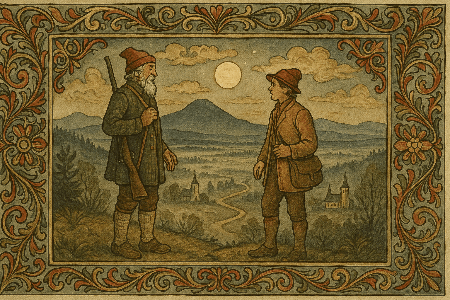 Avskjed på Kolsrudåsen i måneskinn; Matthias og fortelleren ser utover slettene mot Mistberget og Gjerdrum.