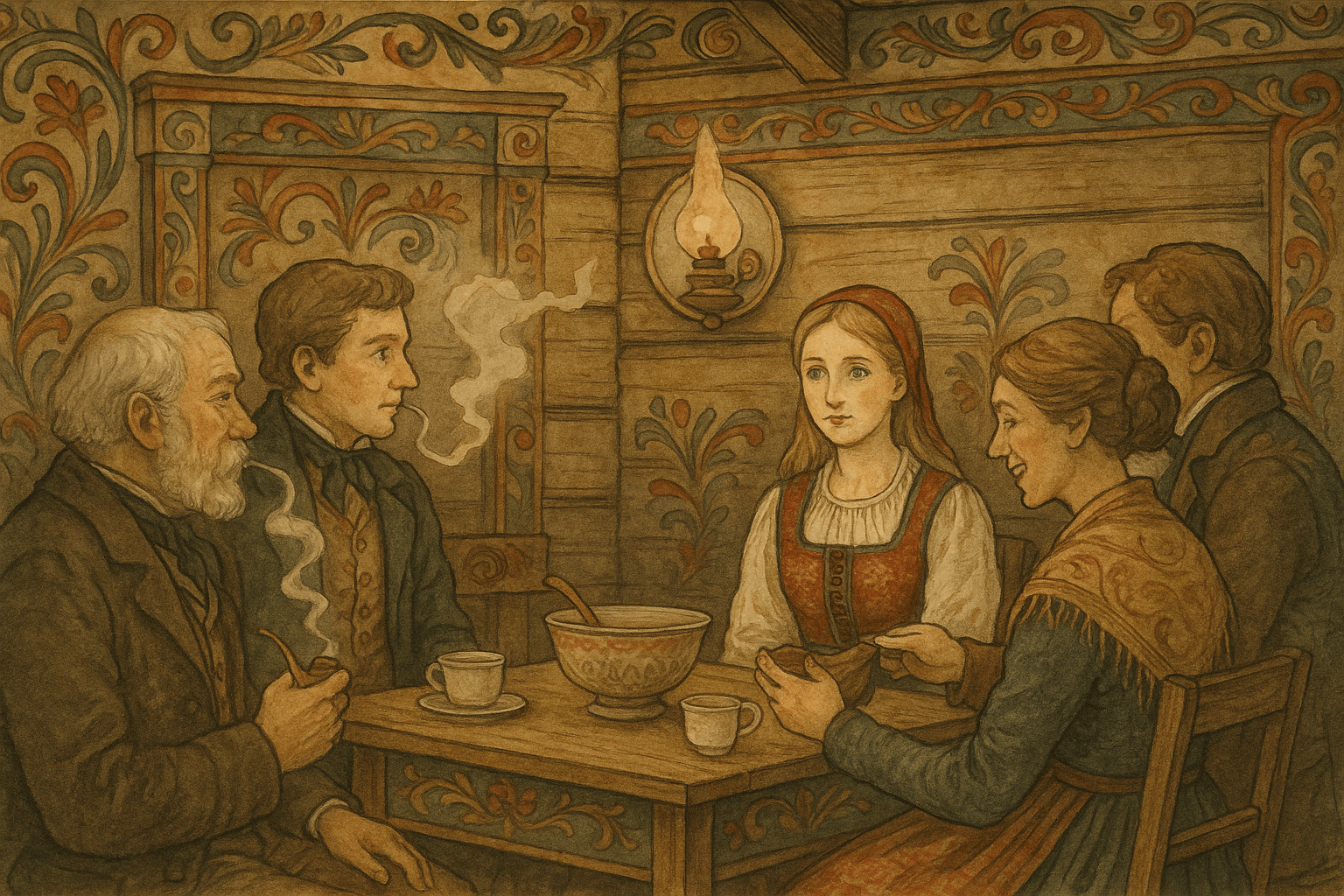 Et koselig stueinteriør i Nittedalen med folk rundt et kaffebord; fortelleren ser mot den vakre datteren ved bordet.