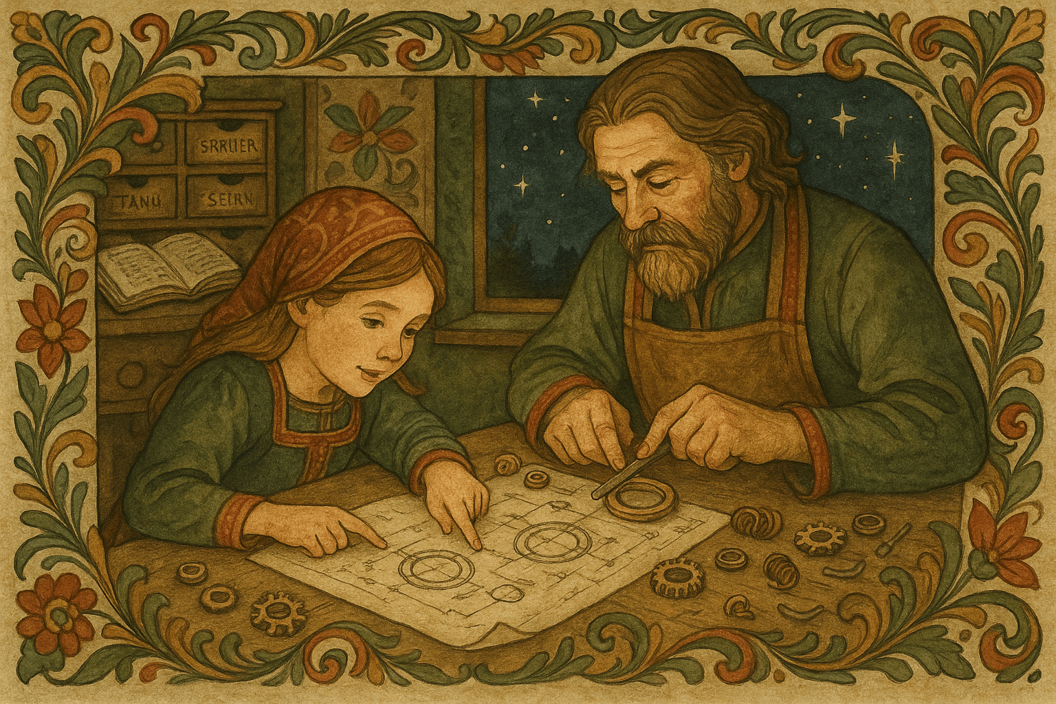 Nattarbeid ved et stort bord hvor Ingrid og mesteren finjusterer små hjul og fjærer til en ring, med skisser og regnestykker spredt rundt.