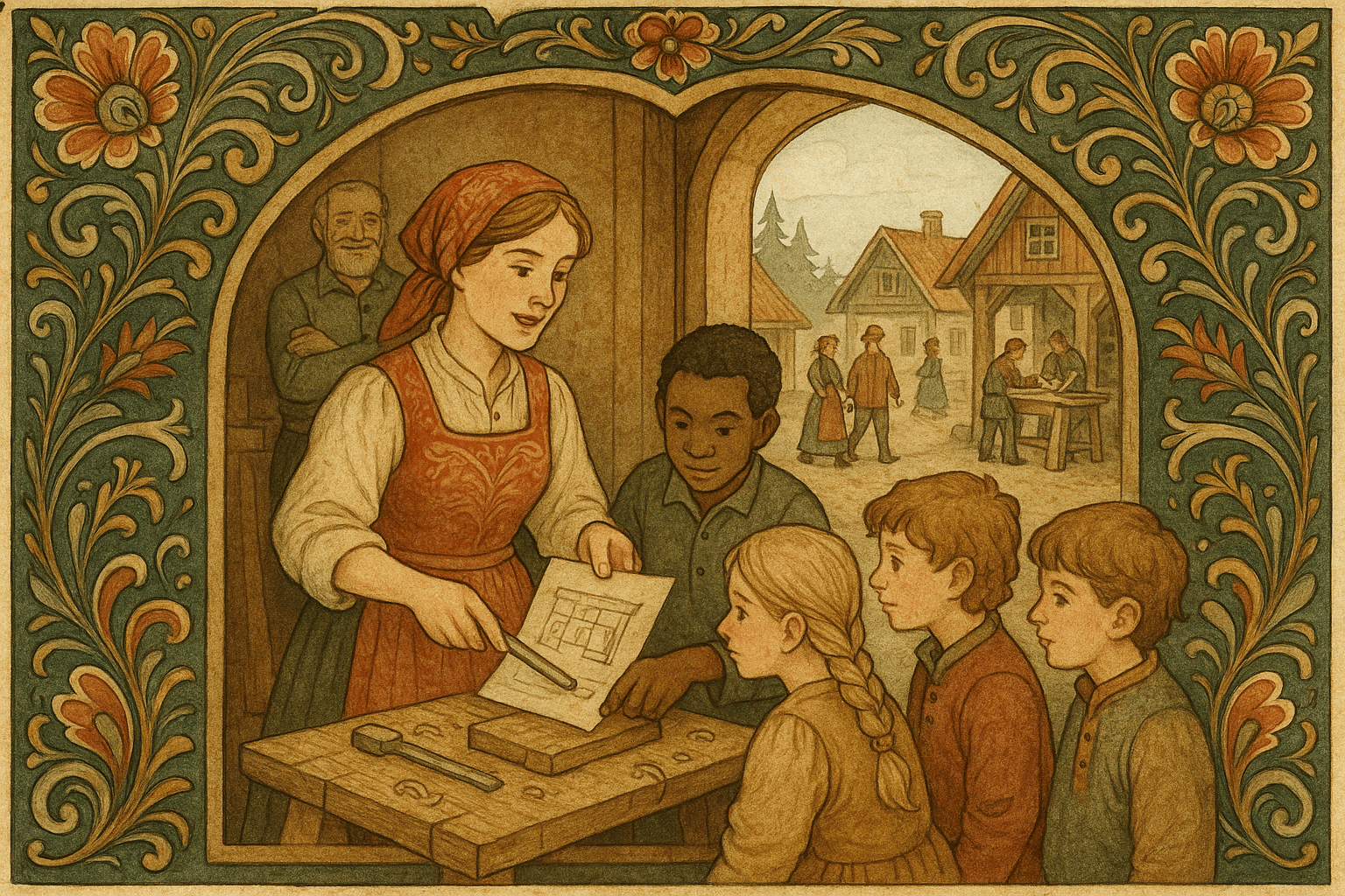 Ingrid underviser lærlinger i sitt verksted mens mesteren ser stolt på, og hammerslag hører til samfunnet utenfor.