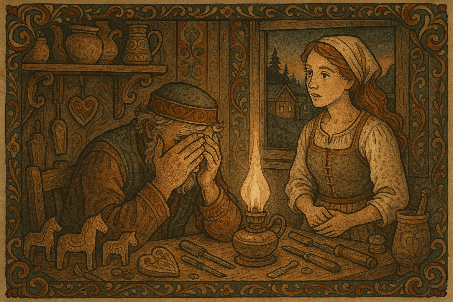 Et koselig verksted om kvelden der en bekymret mester sitter ved benken mens datteren Ingrid lytter ved siden av, omgitt av verktøy og treskjæringer.