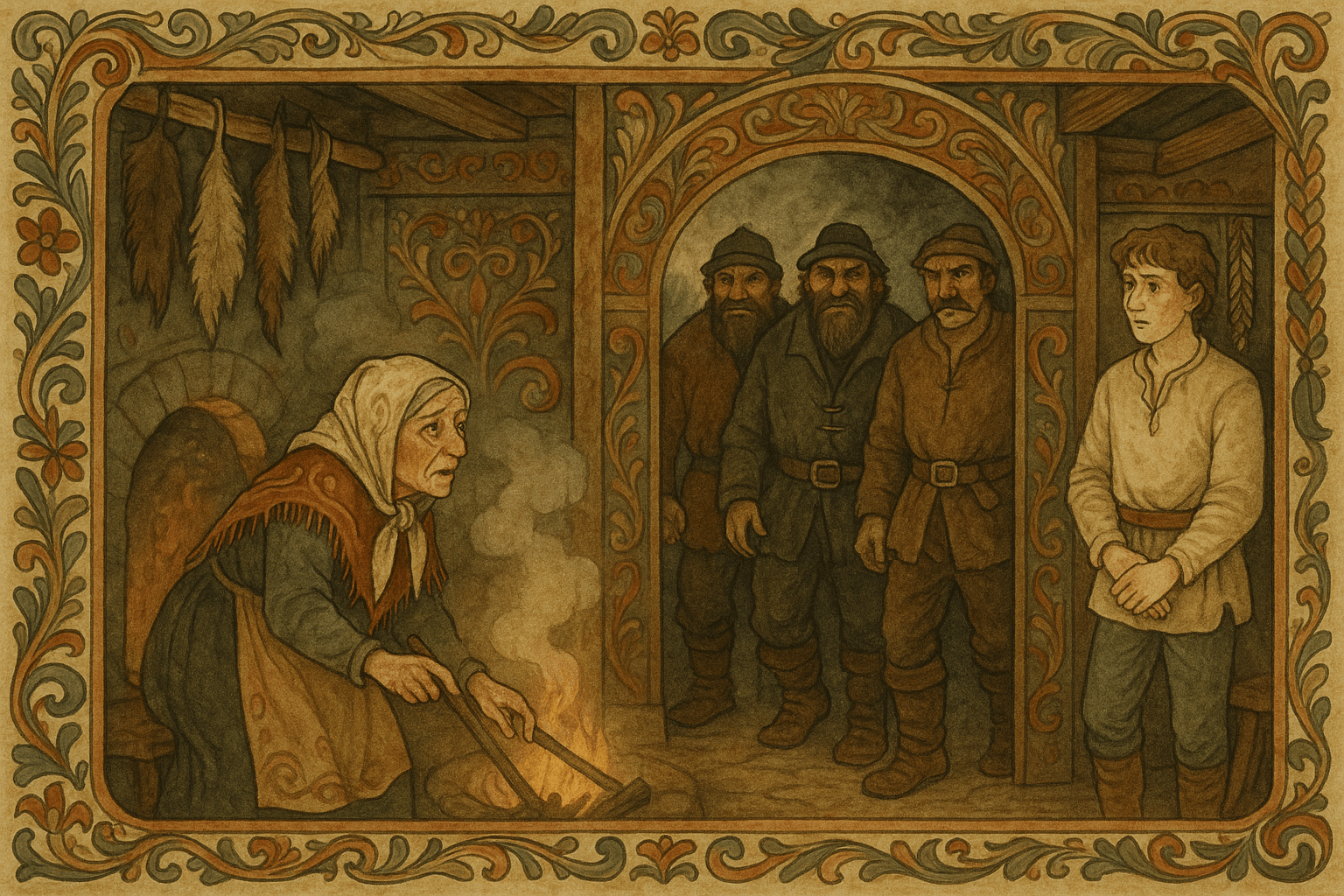 En ung mann gjemmer seg i et røverhus og ber om å få være tjenestegutt mens en gammel kjerring og røvere står rundt ildstedet. Inne er det mørkt, med trebjelker og pelser.