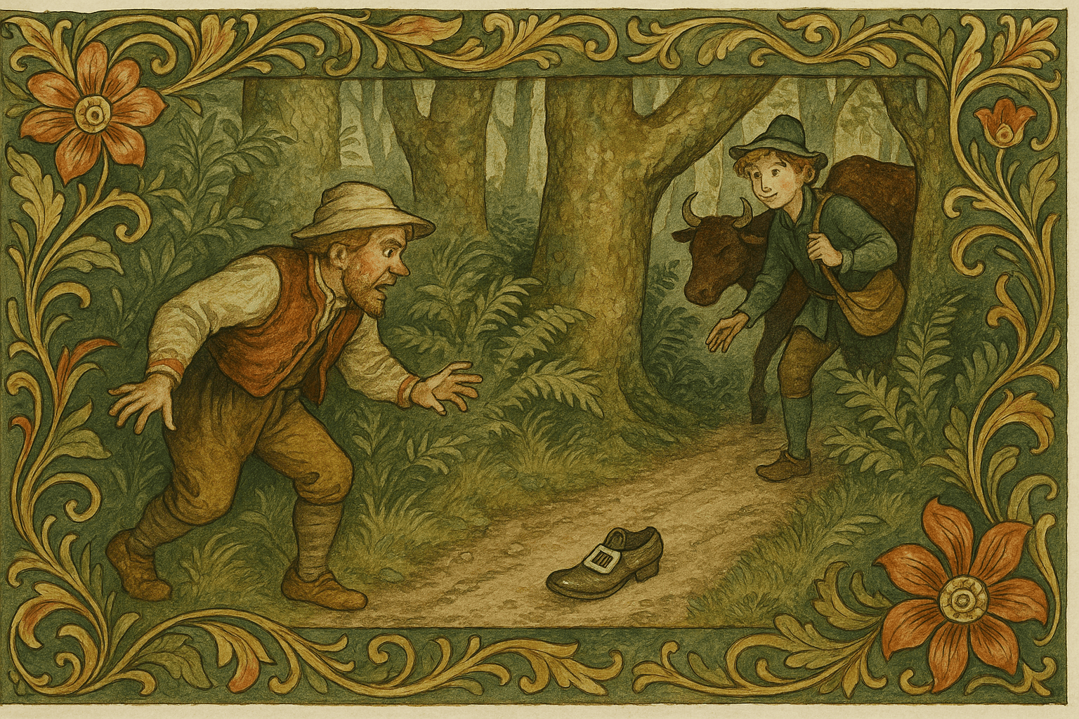 Gutten lokker en bonde bort fra veien med en forlatte sko mens han leder en av oksene stille gjennom skogen. Bonden står forvirret og leter etter skoen.