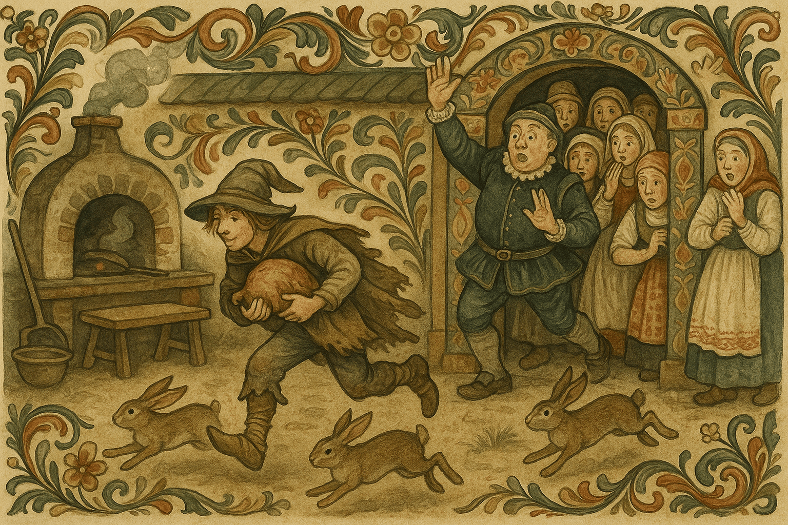 I gårdens kjøkken slippes tre harer fri slik at folk løper etter dem, mens gutten i filler stikker av med steken under armen. Amtmannen står overrasket i døren.