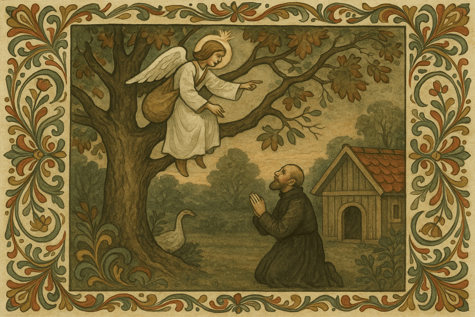 Mestertyven utkledd som engel i en stor lønn roper ned til presten som har falt på kne i hagen. Gåsahuset skimtes i bakgrunnen.