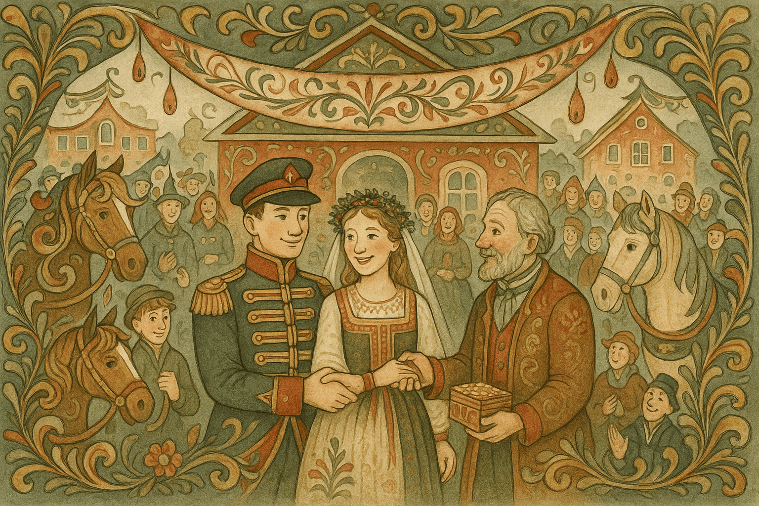 Mestertyven står ved siden av amtmannens datter ved bryllupet, omgitt av folk, hester og gaver, mens amtmannen overrekker sin datter. Stemningen er triumferende og festlig.